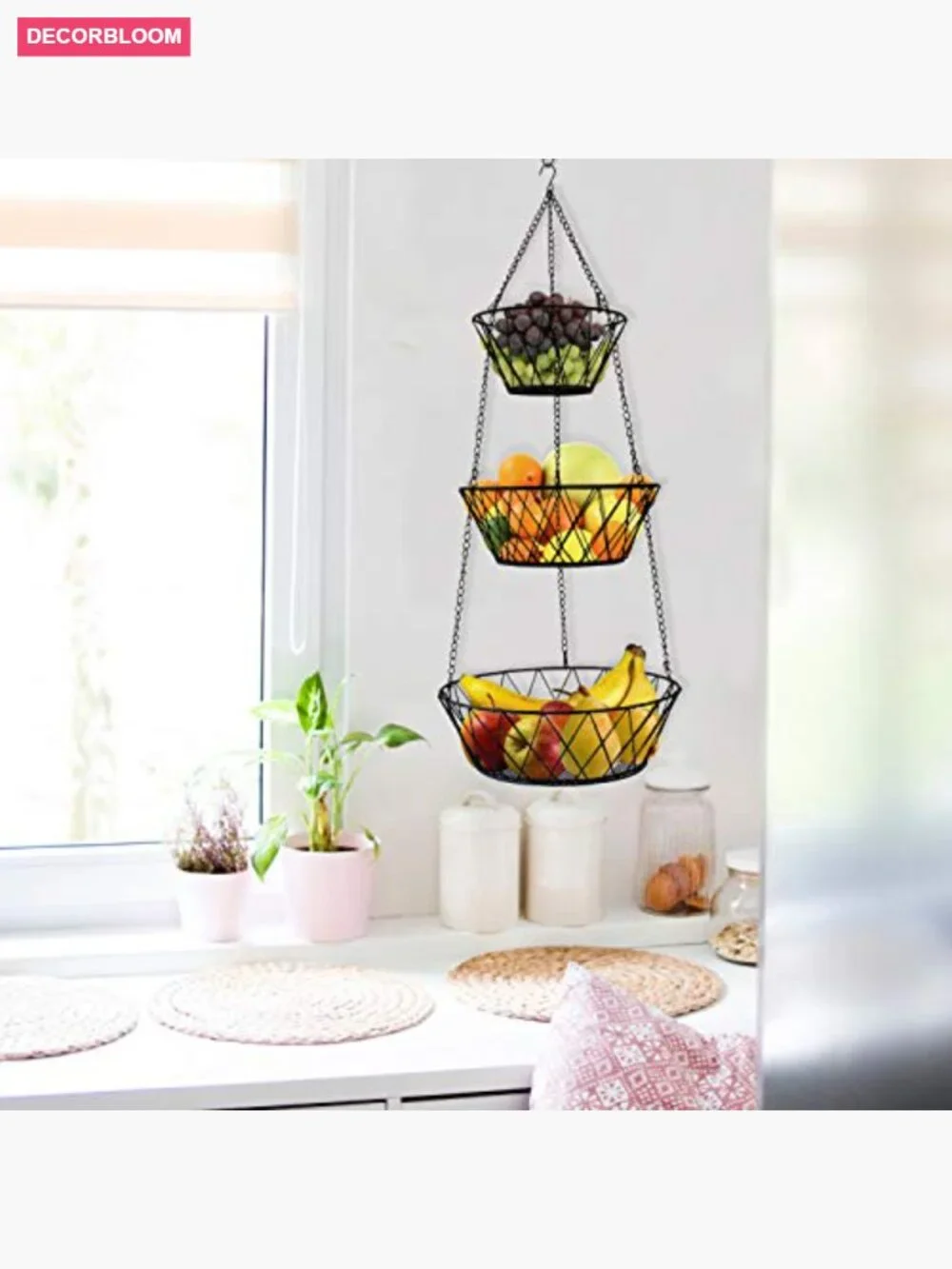 3 Tier Hanging Fruit Basket, Heavy Duty Iron Kitchen Storage